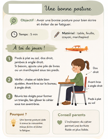 Fiche « Une bonne posture » : pieds à plat, dos droit, avant-bras à angle droit, cahier incliné sous l'avant-bras