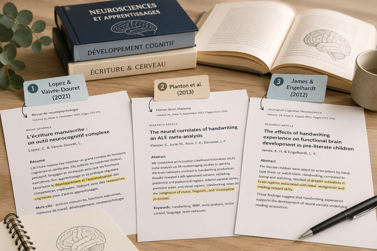 Trois fiches d'études scientifiques posées sur un bureau, entourées de livres de neurosciences