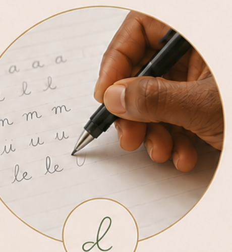 Main qui écrit des lettres liées en cursive