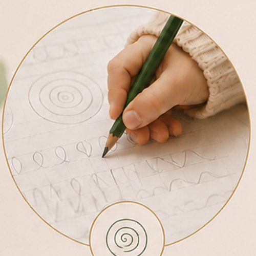 Enfant qui trace des spirales et des boucles au crayon