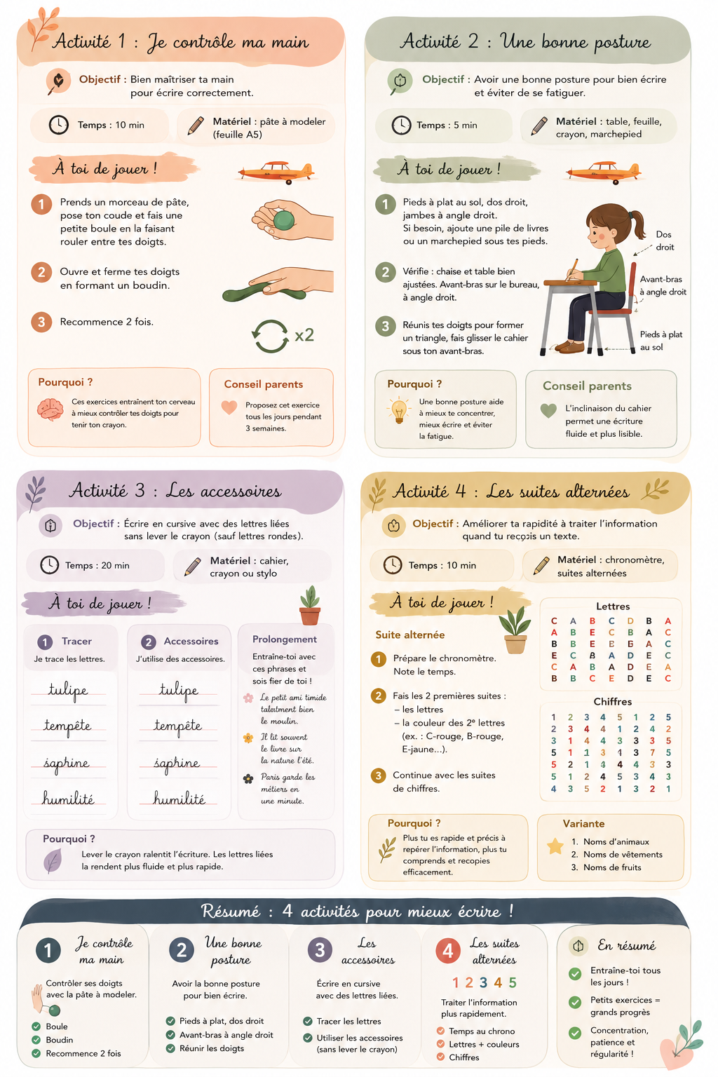 Planche d'exercices : 4 activités pour mieux écrire (contrôler sa main, bonne posture, lettres liées, suites alternées)