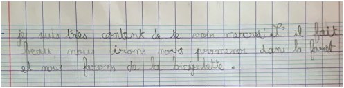 Extrait du cahier de Théo après l'accompagnement : écriture plus fluide et régulière