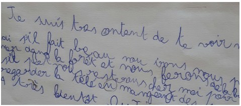 Extrait du cahier de Théo avant l'accompagnement : écriture peu assurée, lettres irrégulières